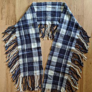 Gap Women Wool Rabbit Hair Blue Rectangle Plaid Scarf Wrap Fringe